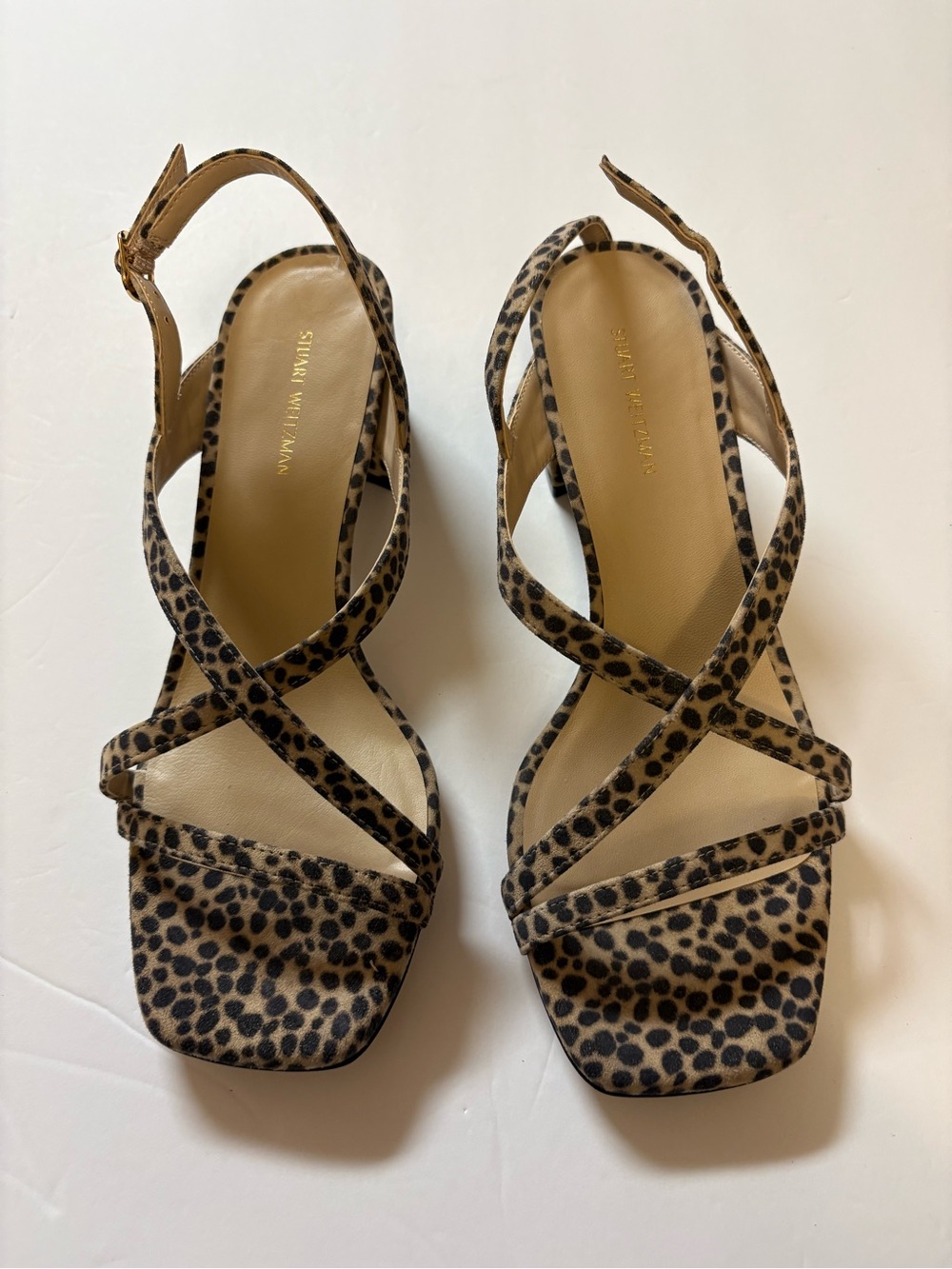Stuart Weitzman Leopard Print Strappy Sandals - Tan & Black 7.5